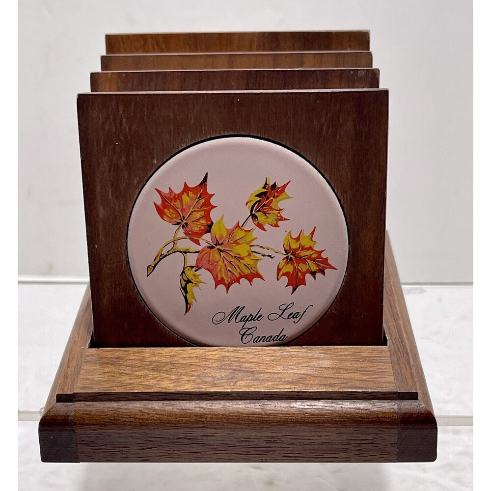 Vintage  Midcentury Modern Walnut Coaster Caddy w/ Enameled Maple Leaf